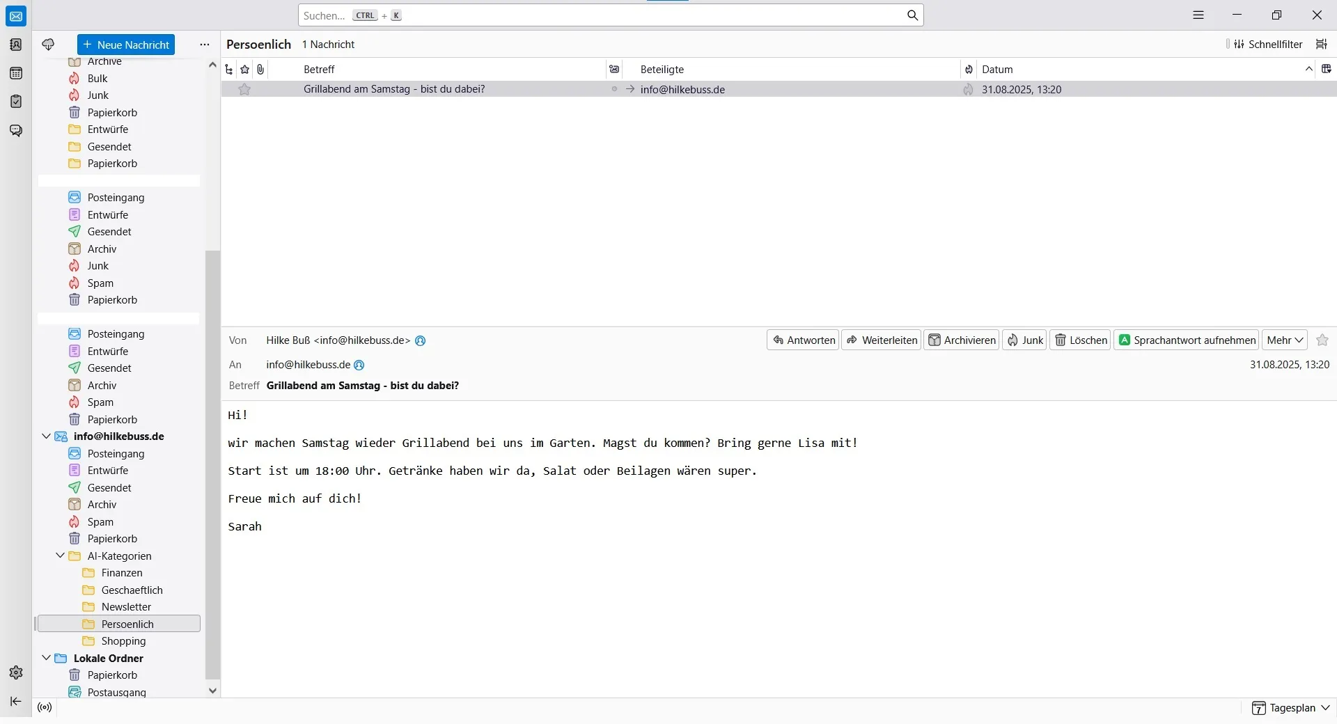 Thunderbird mit einer persönlichen Einladung zum Grillabend und der Schaltfläche Sprachantwort aufnehmen