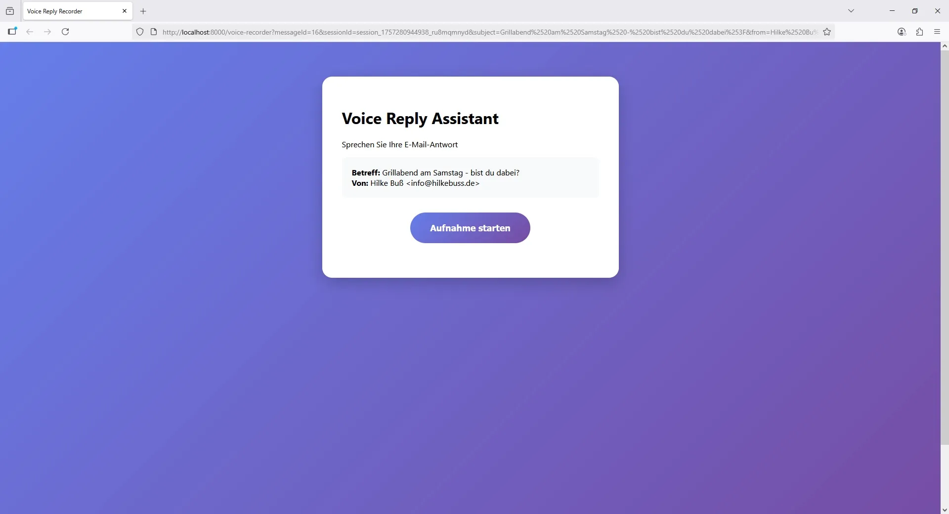 Startansicht des Voice Reply Assistant mit E-Mail-Betreff, Absender und Schaltfläche zum Starten der Aufnahme
