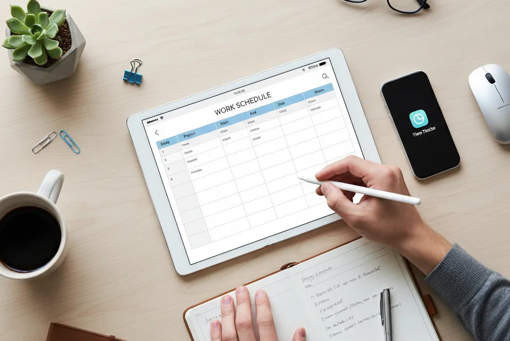 Von oben fotografiert: Hand mit Eingabestift über einem Tablet, auf dem eine Tabelle mit der Überschrift Work Schedule geöffnet ist, daneben ein Handy mit einer Zeiterfassungs-App, Kaffee und ein Notizbuch.