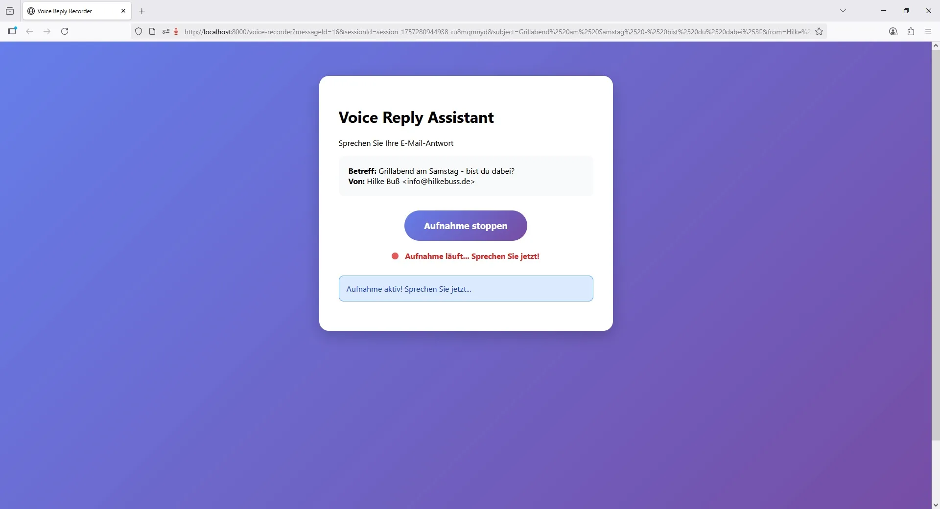 Voice Reply Assistant während einer laufenden Sprachaufnahme mit Schaltfläche zum Stoppen