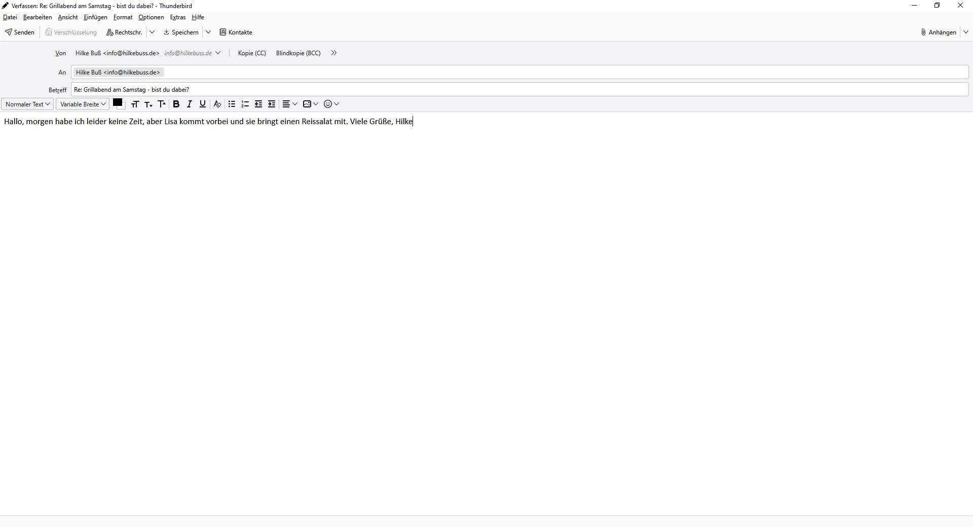 Thunderbird-Verfassenfenster mit einer aus der Sprachaufnahme erzeugten Antwort auf die Einladung