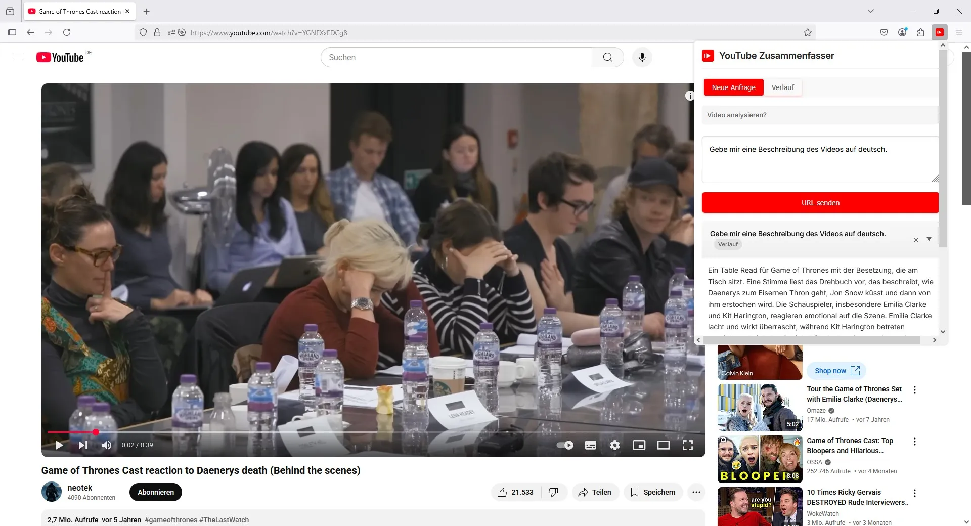 Erweiterung neben dem YouTube-Video mit einer deutschen Beschreibung des gezeigten Game-of-Thrones-Table-Reads