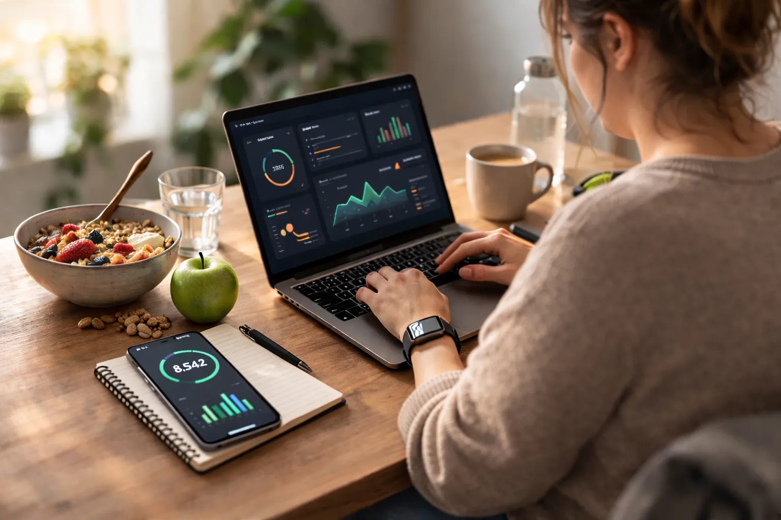 Blick über die Schulter einer Frau am Laptop mit einem dunklen Auswertungs-Dashboard, daneben eine Müslischale, ein Apfel und ein Handy mit Ringanzeige und Balkendiagramm.