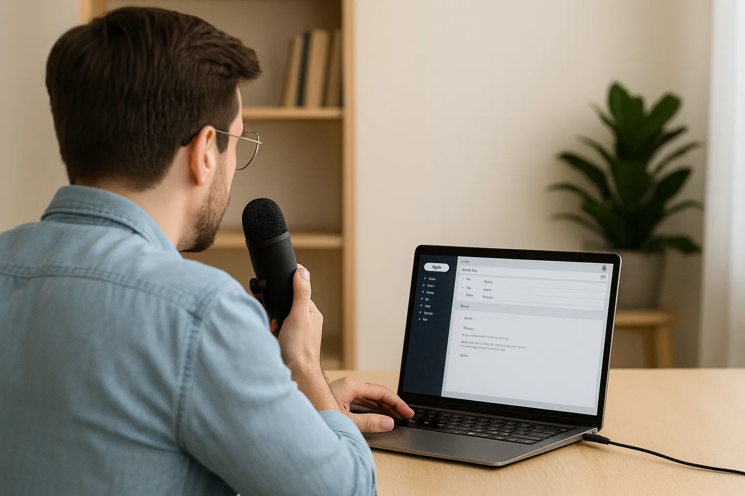 Mann von hinten spricht in ein Mikrofon, vor ihm ein Laptop mit geöffnetem E-Mail-Programm.