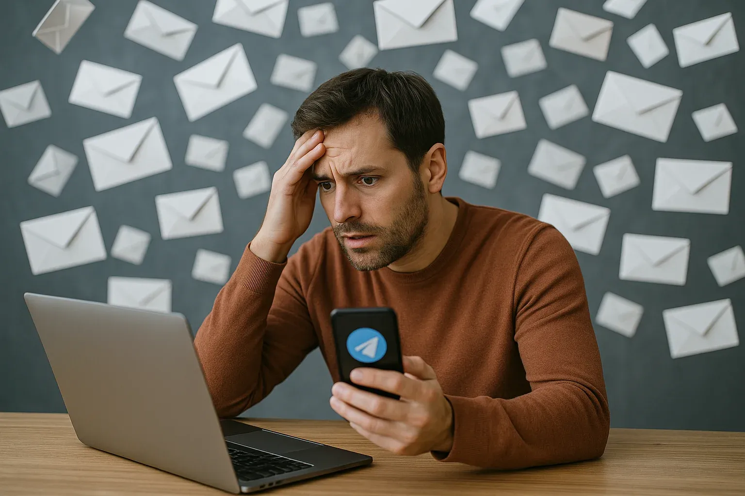 Mann am Schreibtisch hält ein Handy mit geöffnetem Telegram und stützt den Kopf, hinter ihm eine Wand voller weißer Briefumschläge.