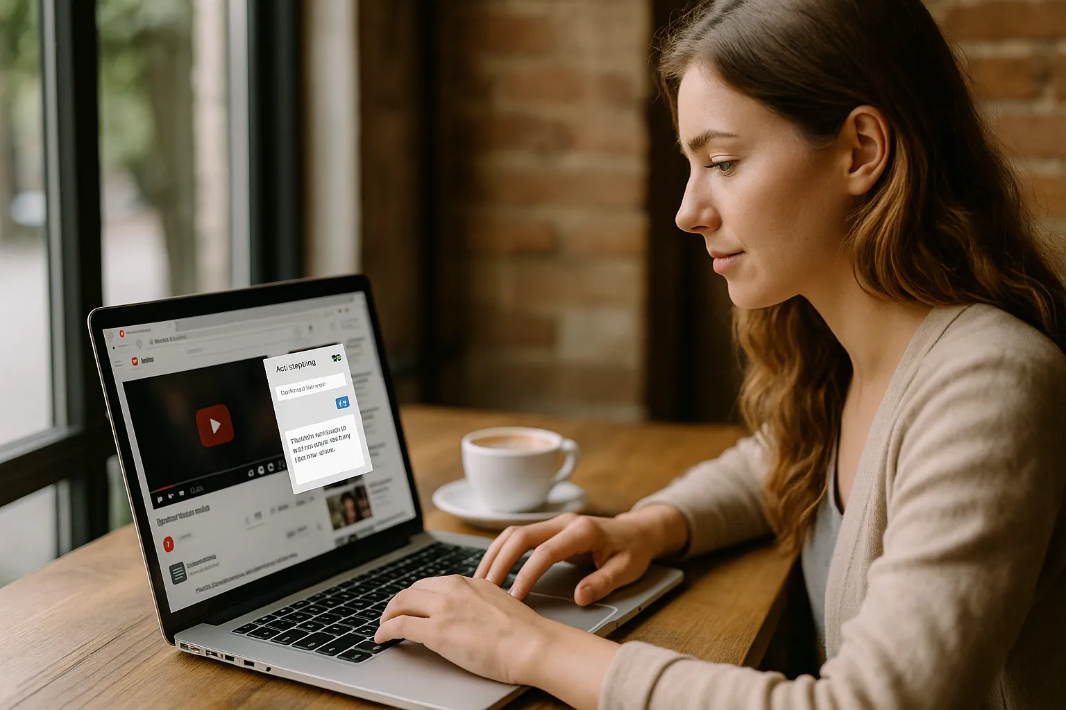 Frau sitzt mit dem Laptop am Fenster eines Cafés, auf dem Bildschirm läuft ein YouTube-Video, daneben ist ein Erweiterungs-Fenster mit Text geöffnet.