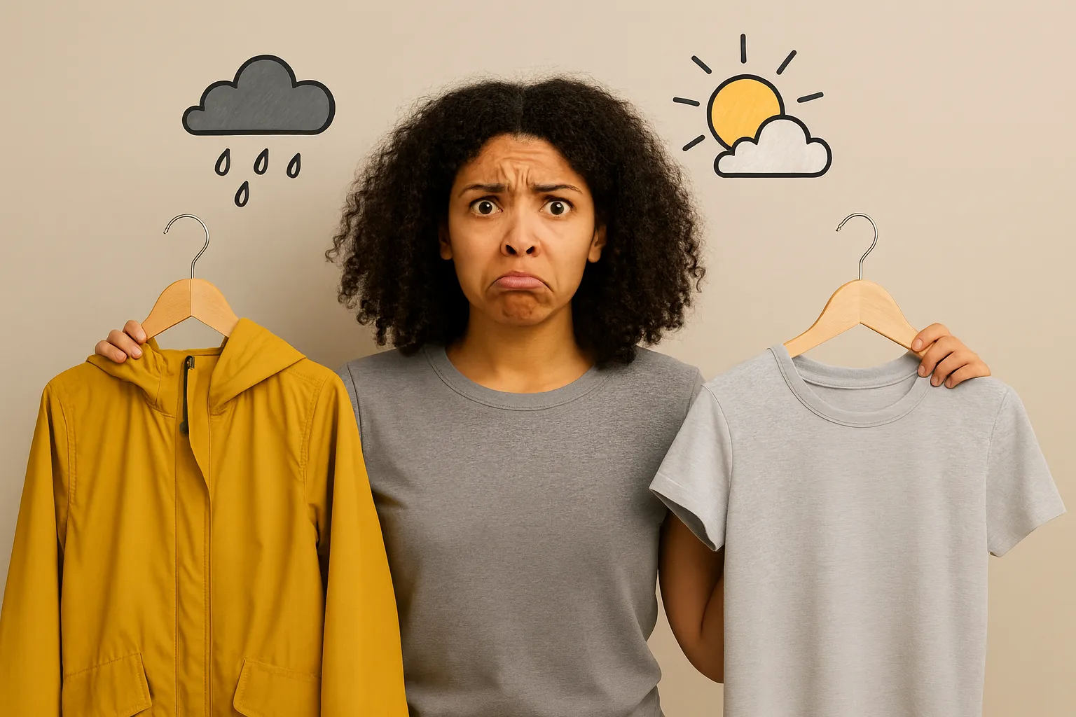 Frau hält in der einen Hand eine gelbe Regenjacke und in der anderen ein T-Shirt und schaut ratlos, über ihr sind eine Regenwolke und eine Sonne gezeichnet.