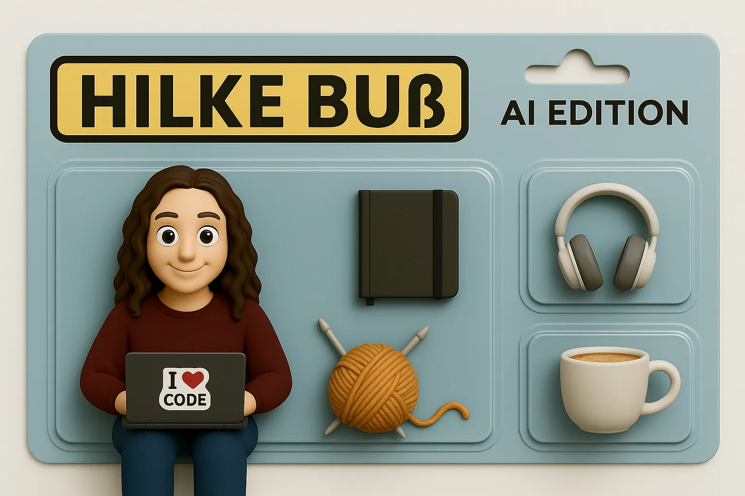 Spielzeugverpackung mit der Aufschrift Hilke Buß, AI Edition. Darin eine Comicfigur mit Laptop und dem Aufkleber I love Code, dazu ein Notizbuch, ein Wollknäuel mit Stricknadeln, Kopfhörer und eine Tasse Kaffee.