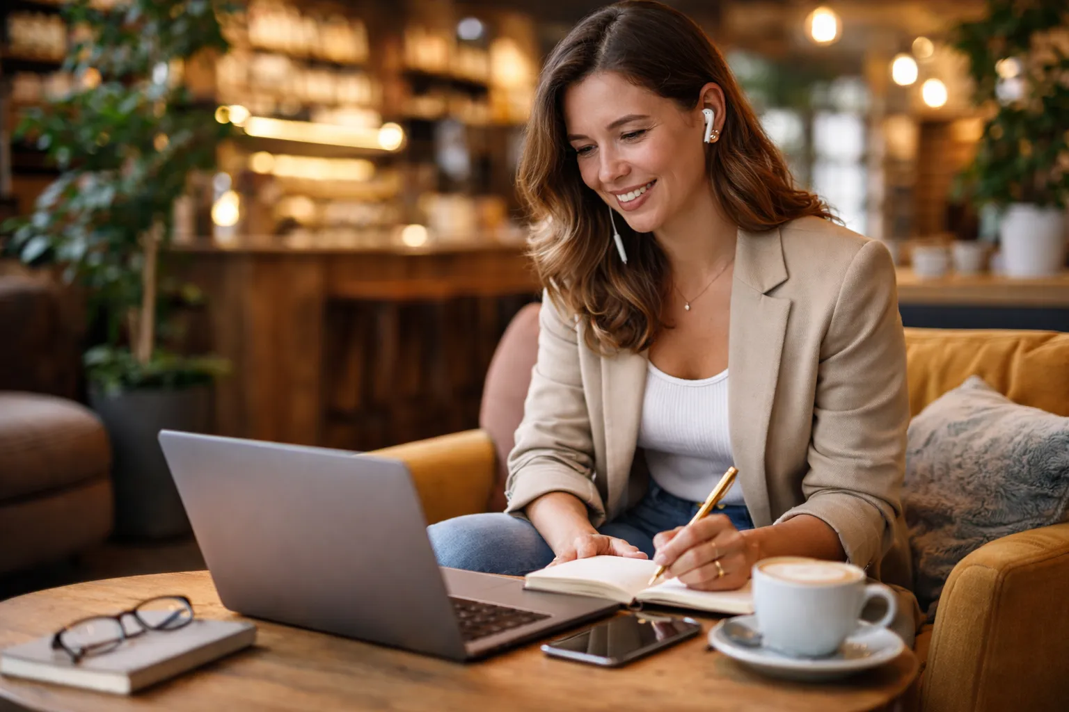 Frau mit Kopfhörern sitzt in einem Café vor dem Laptop und macht sich Notizen, daneben steht ein Cappuccino.