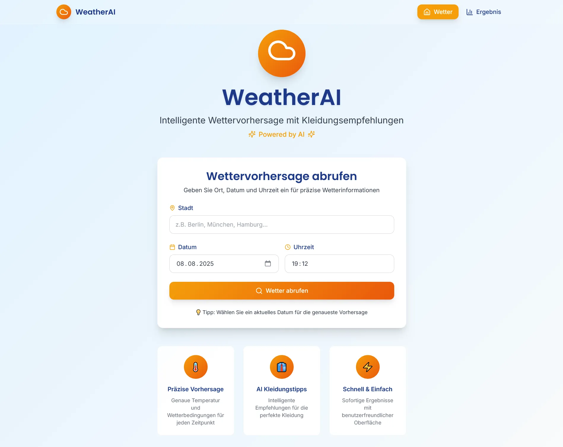 WeatherAI-Eingabeseite mit Feldern für Stadt, Datum und Uhrzeit zum Abrufen einer Wettervorhersage