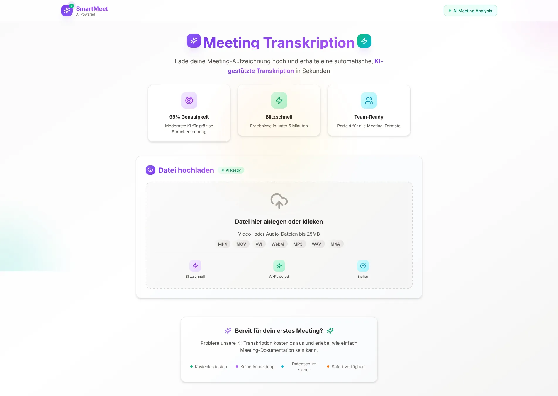 SmartMeet-Startseite für Meeting-Transkription mit hervorgehobener Ablagefläche für Video- und Audiodateien