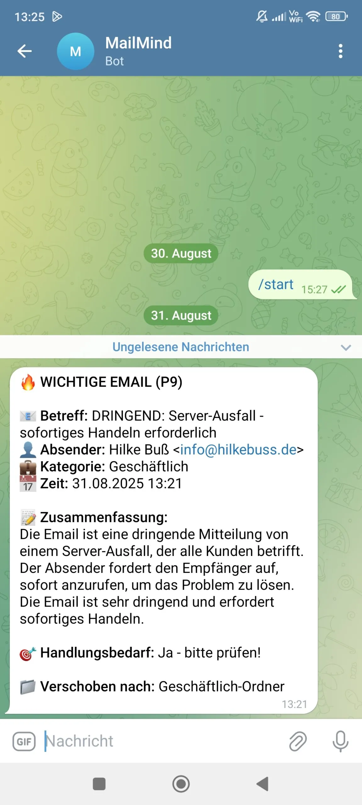 Telegram-Nachricht des MailMind-Bots mit Priorität, Kategorie und Zusammenfassung einer dringenden Serverausfall-E-Mail