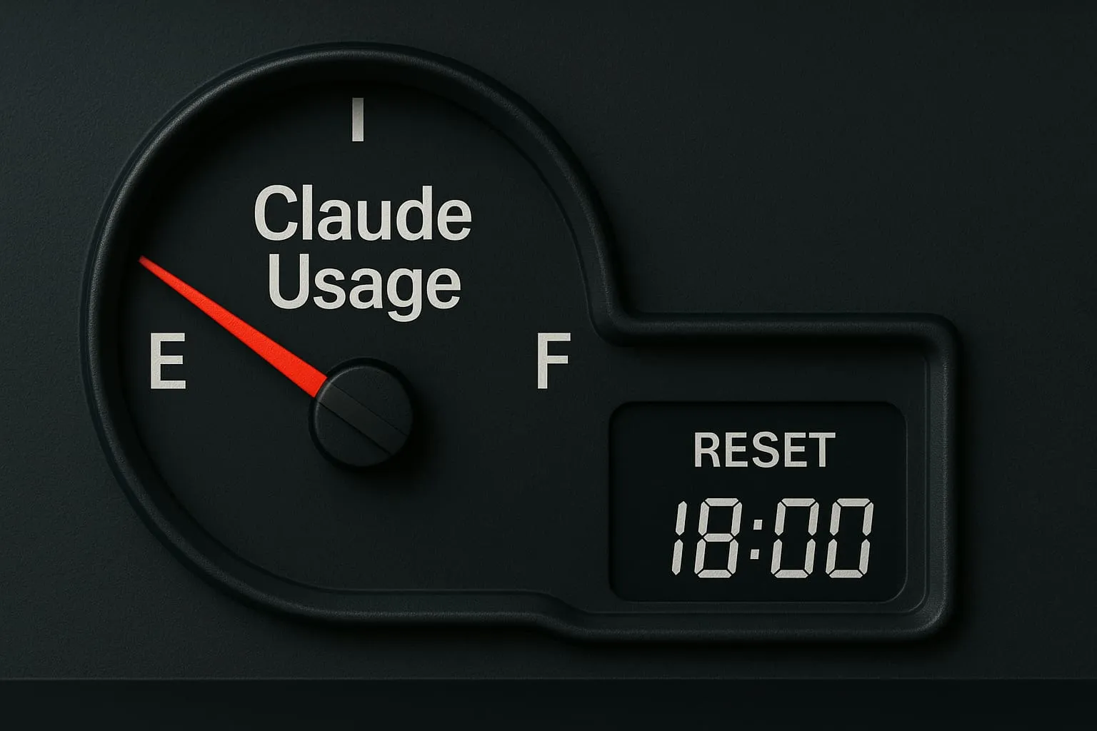 Tankanzeige im Stil eines Autoarmaturenbretts mit der Beschriftung Claude Usage, der Zeiger steht kurz vor leer, daneben eine Digitalanzeige mit Reset 18:00.