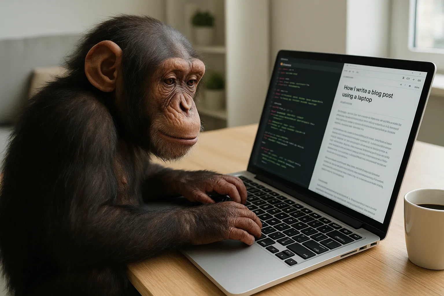 Schimpanse sitzt vor einem Laptop, auf dem Bildschirm links Code und rechts ein Blogbeitrag mit der Überschrift How I write a blog post using a laptop.