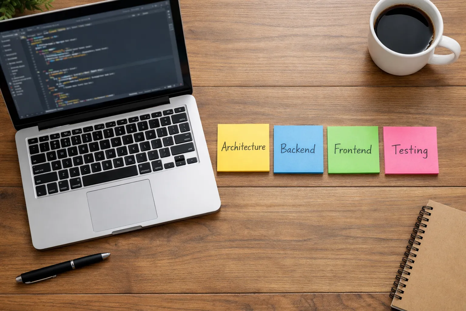 Laptop mit Code-Editor von oben fotografiert, daneben vier Haftnotizen mit den Aufschriften Architecture, Backend, Frontend und Testing.