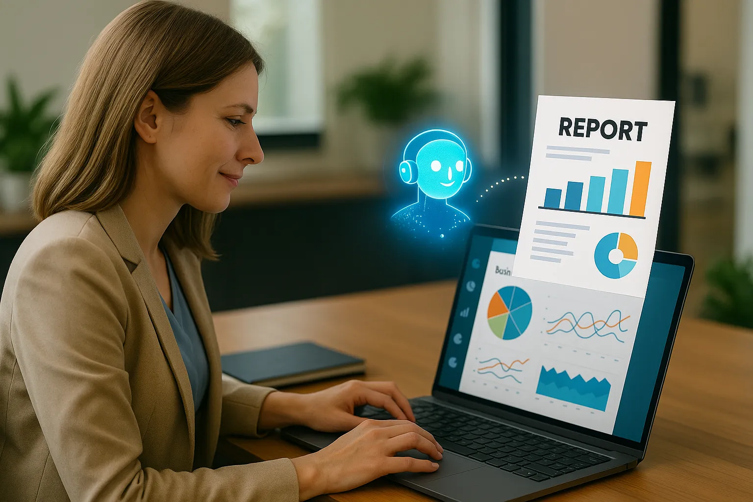 Frau am Laptop mit einem Dashboard, daneben schweben ein leuchtendes Roboter-Gesicht und ein Blatt mit der Aufschrift Report samt Balken- und Ringdiagramm.