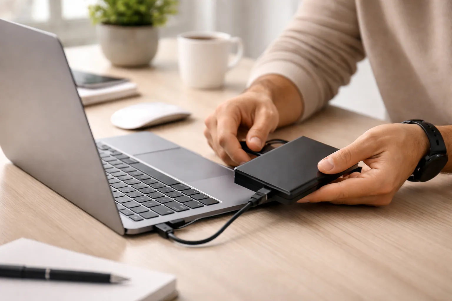 Zwei Hände schließen eine externe Festplatte per Kabel an einen Laptop an, daneben stehen Kaffeetasse und Notizblock.