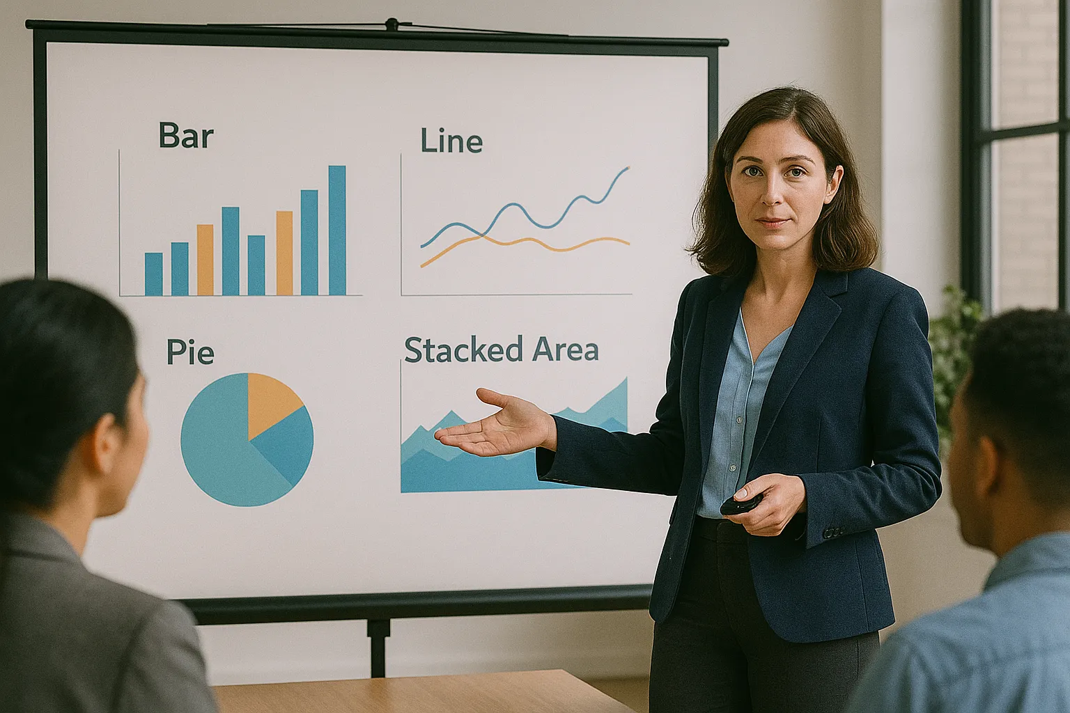 Frau steht vor einer Projektionsfläche mit vier Diagrammtypen, beschriftet mit Bar, Line, Pie und Stacked Area, und erklärt sie zwei Zuhörern.