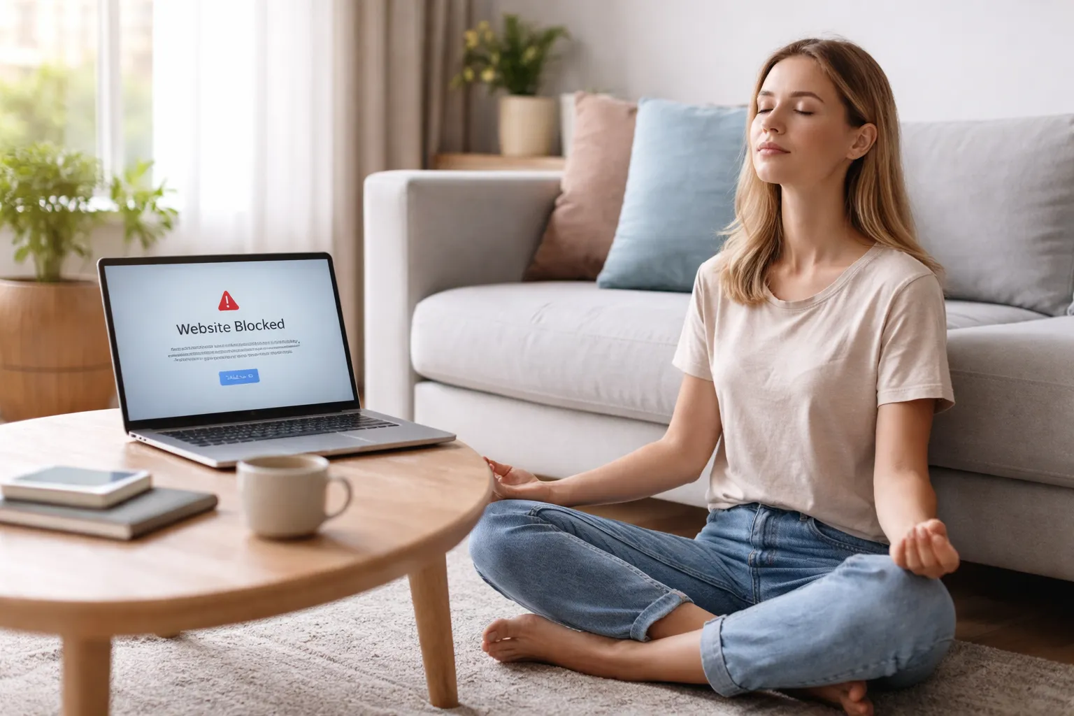 Frau sitzt im Schneidersitz vor dem Sofa und meditiert, auf dem Laptop auf dem Couchtisch steht die Meldung Website Blocked.