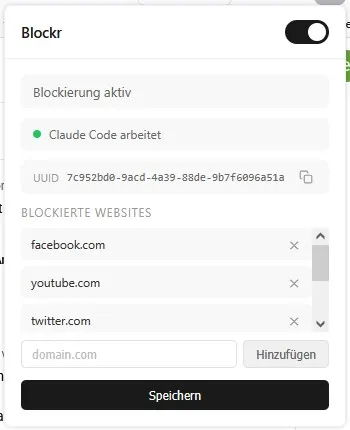 Popup der Blockr-Erweiterung mit aktiver Blockierung, Status Claude Code arbeitet und einer Liste blockierter Websites