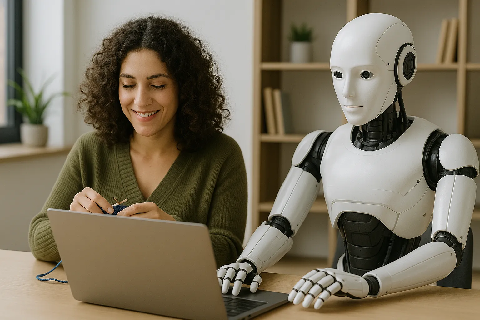 Frau strickt an einem Tisch, neben ihr tippt ein humanoider Roboter auf ihrem Laptop.