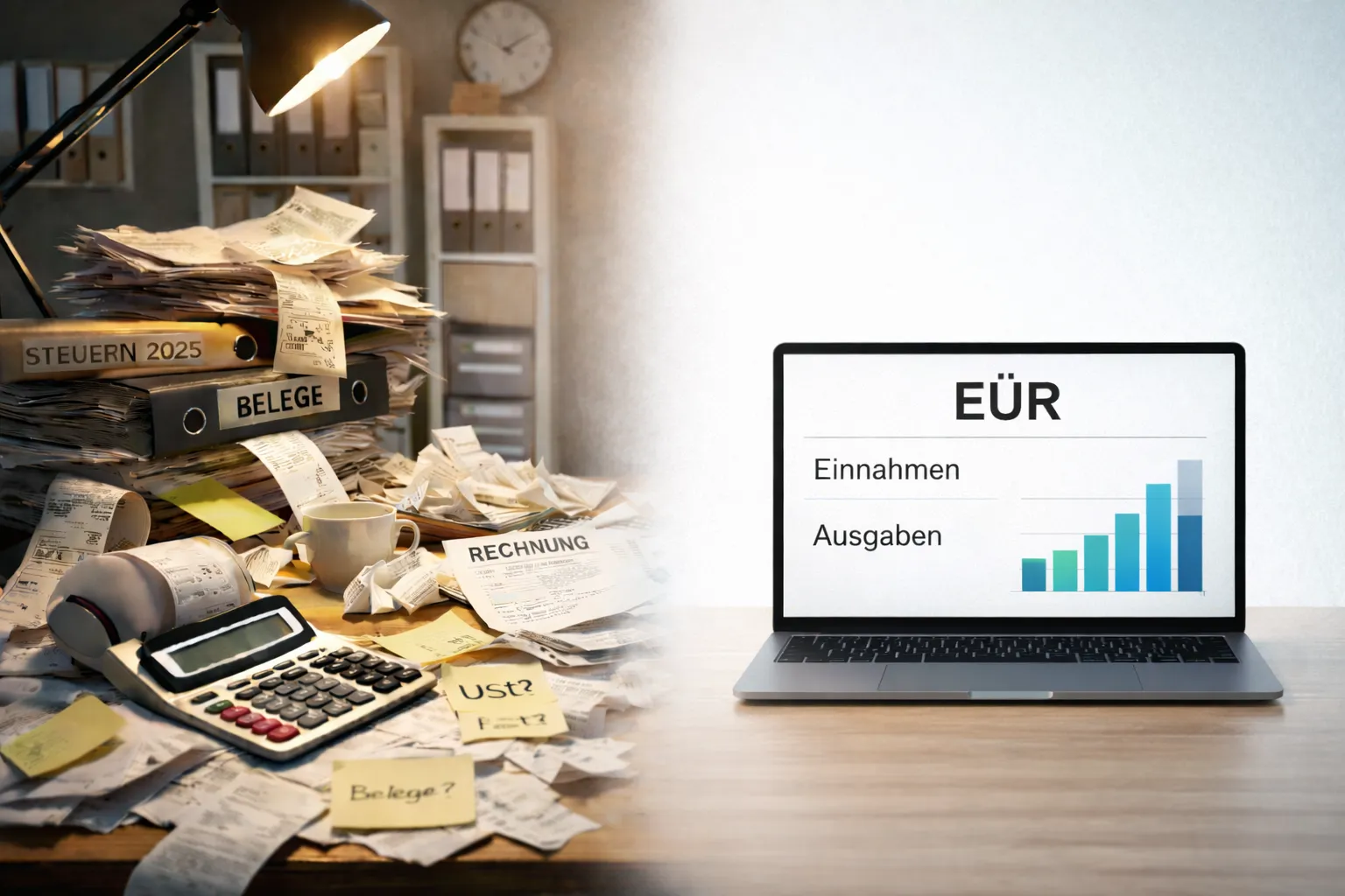 Zweigeteiltes Bild: links ein Schreibtisch voller Belege, Quittungen und Ordner mit den Aufschriften Steuern und Belege, rechts ein aufgeräumter Laptop mit einer EÜR-Ansicht aus Einnahmen, Ausgaben und einem Balkendiagramm.