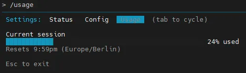Usage-Ansicht in Claude Code mit einem Balken für 24 Prozent Verbrauch der aktuellen Sitzung