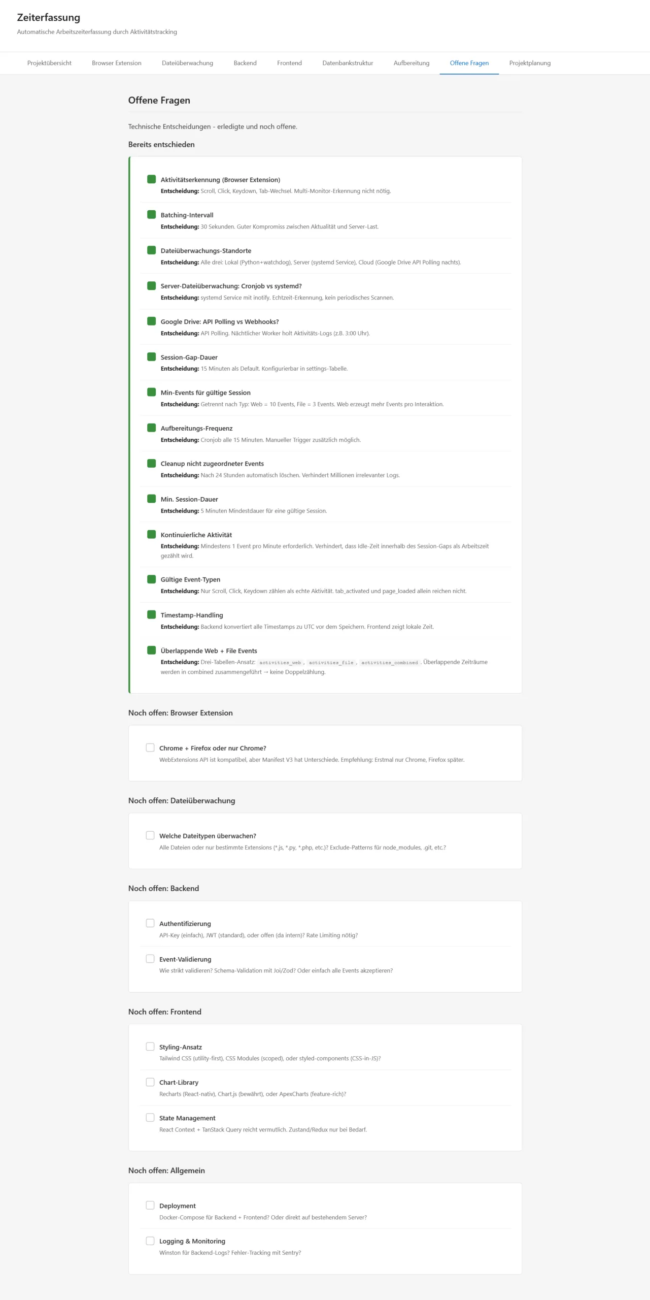 Lange Liste technischer Entscheidungen zur Zeiterfassung, oben erledigte Punkte, darunter offene Fragen nach Bereichen