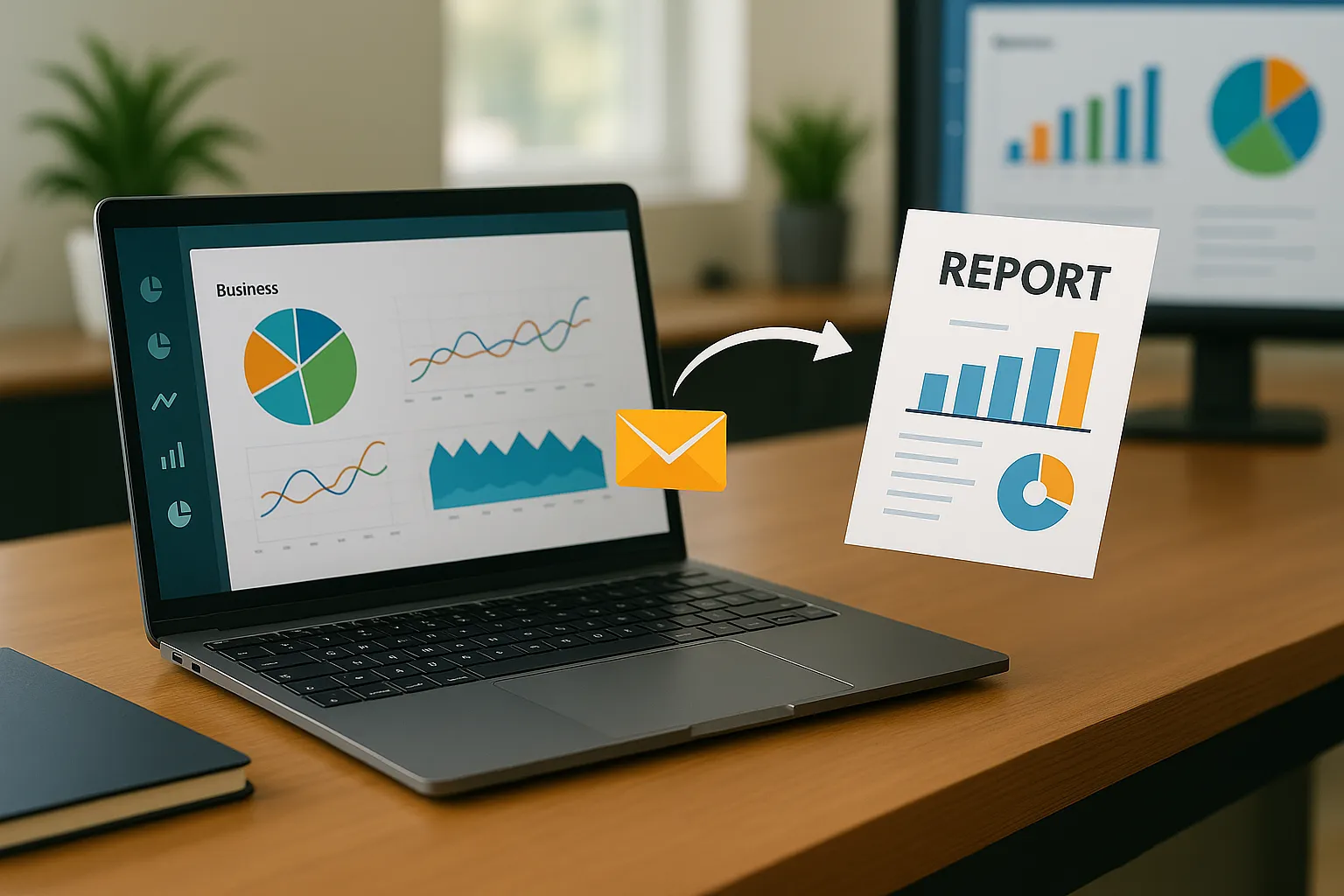 Laptop mit einem Dashboard aus Kreis-, Linien- und Flächendiagrammen, daneben ein Briefumschlag-Symbol und ein Pfeil zu einem Blatt mit der Aufschrift Report.