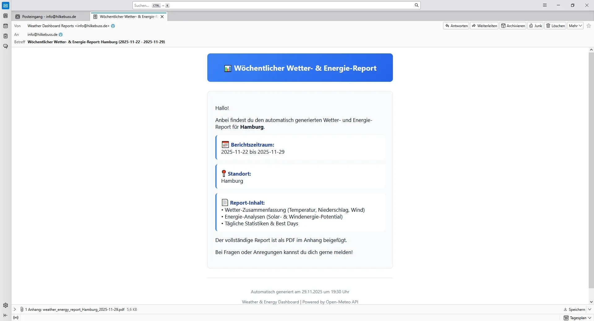 Geöffnete E-Mail mit angehängtem wöchentlichem Wetter- und Energiebericht für Hamburg