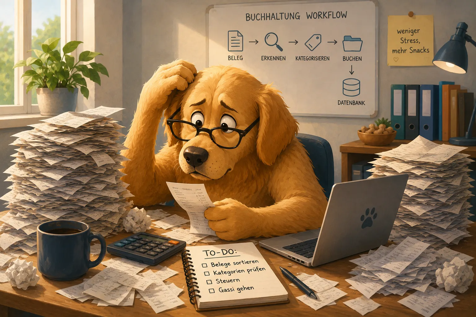 Gezeichneter Hund am Schreibtisch zwischen hohen Stapeln von Belegen, im Hintergrund ein Whiteboard mit dem Ablauf von Beleg über Erkennen und Kategorisieren bis zur Buchung in der Datenbank.