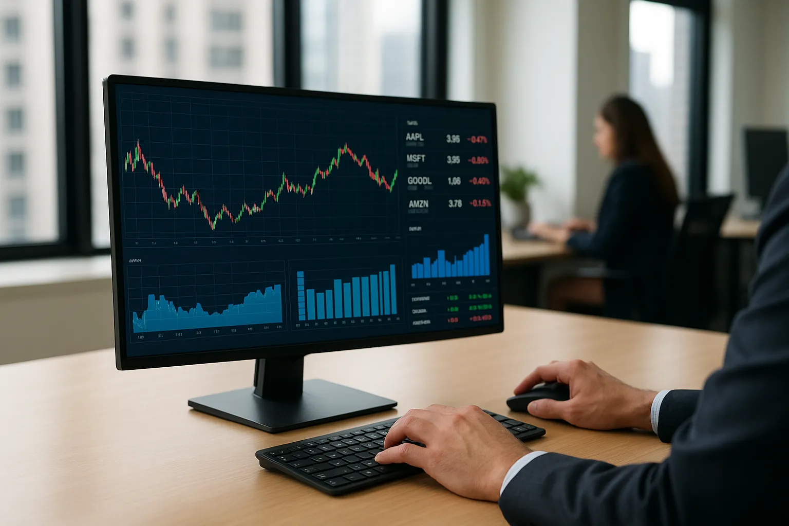 Bildschirm mit einem dunklen Finanz-Dashboard aus Kerzendiagramm, Kursliste und Balkendiagrammen, davor die Hände eines Mannes an Tastatur und Maus.