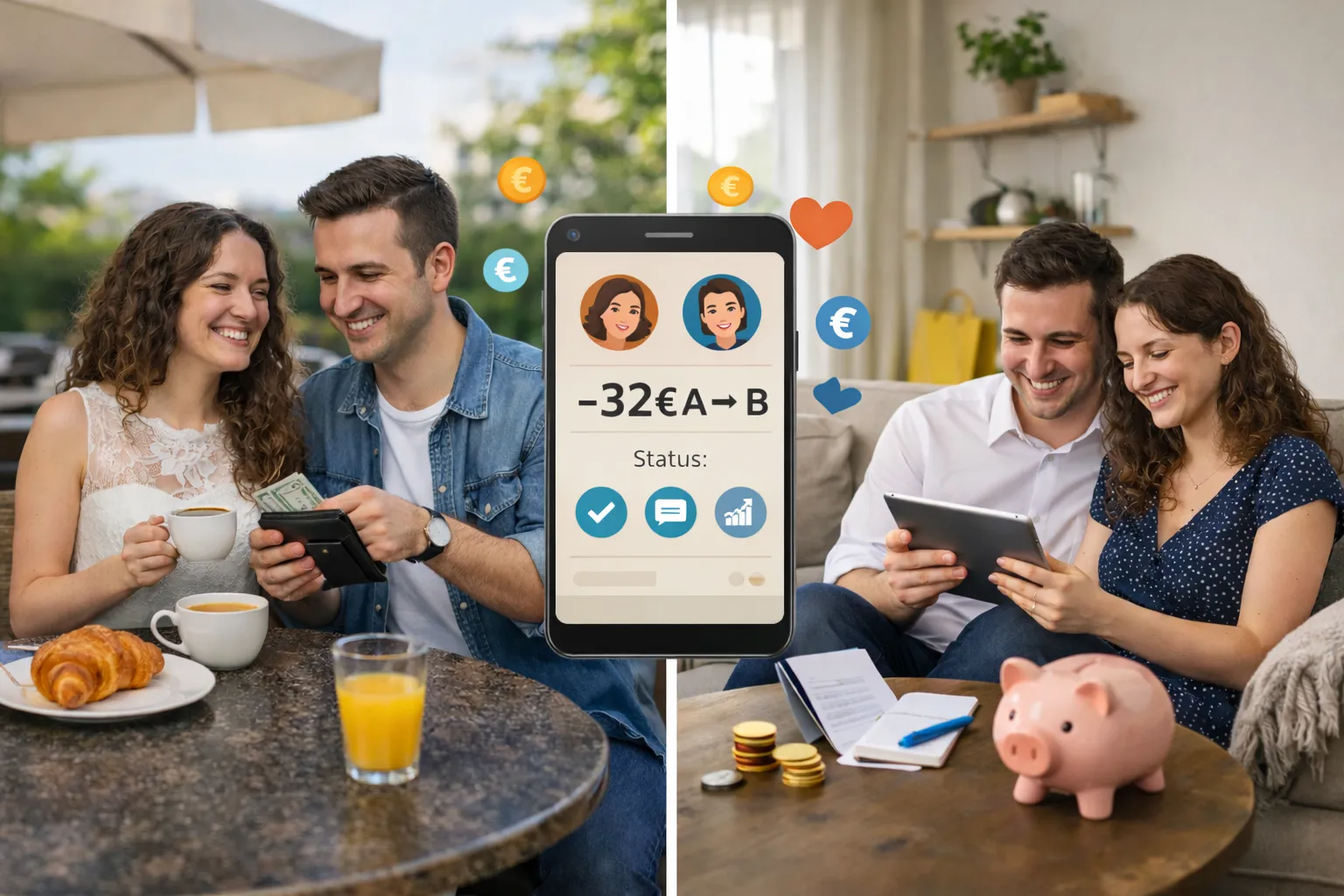 Zweigeteiltes Bild mit zwei Paaren, links im Café mit einer Geldbörse, rechts auf dem Sofa mit Tablet und Sparschwein. In der Mitte ein Handy, das eine Abrechnung von minus 32 Euro von A nach B anzeigt.