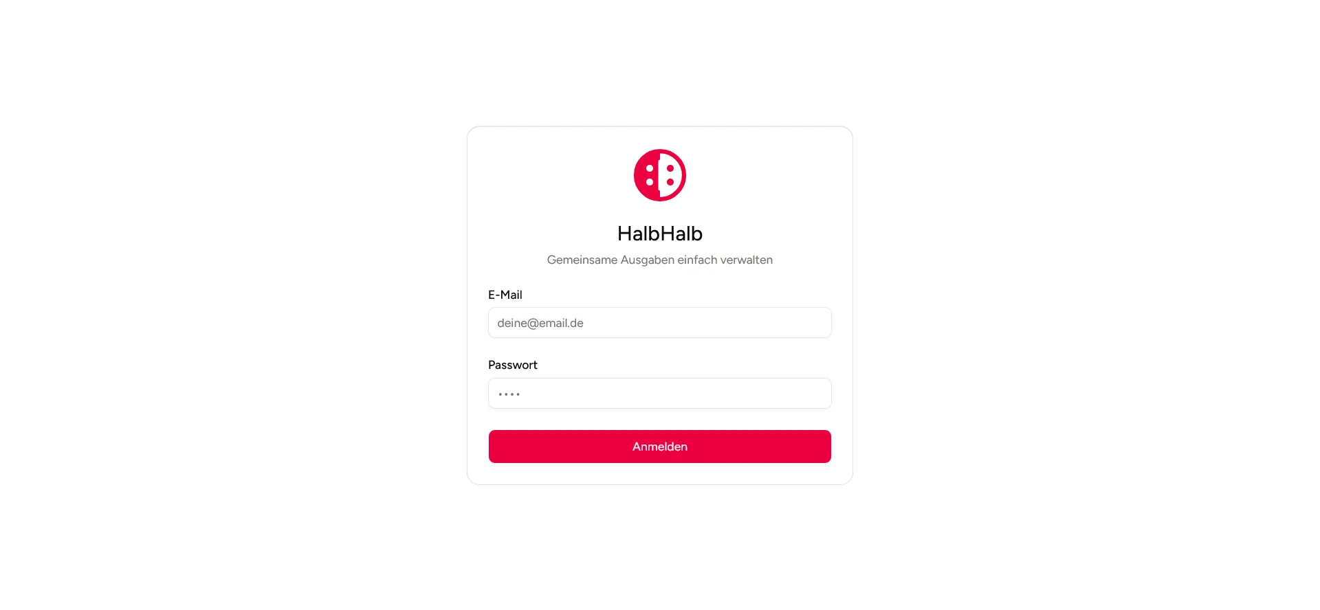 Anmeldeseite von HalbHalb mit Feldern für E-Mail und Passwort