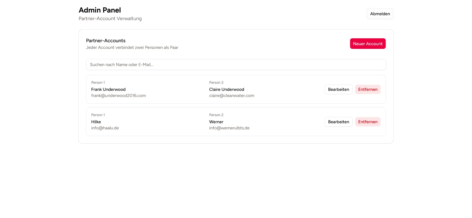 Adminbereich mit zwei Partner-Accounts und Schaltflächen zum Bearbeiten, Entfernen und Anlegen