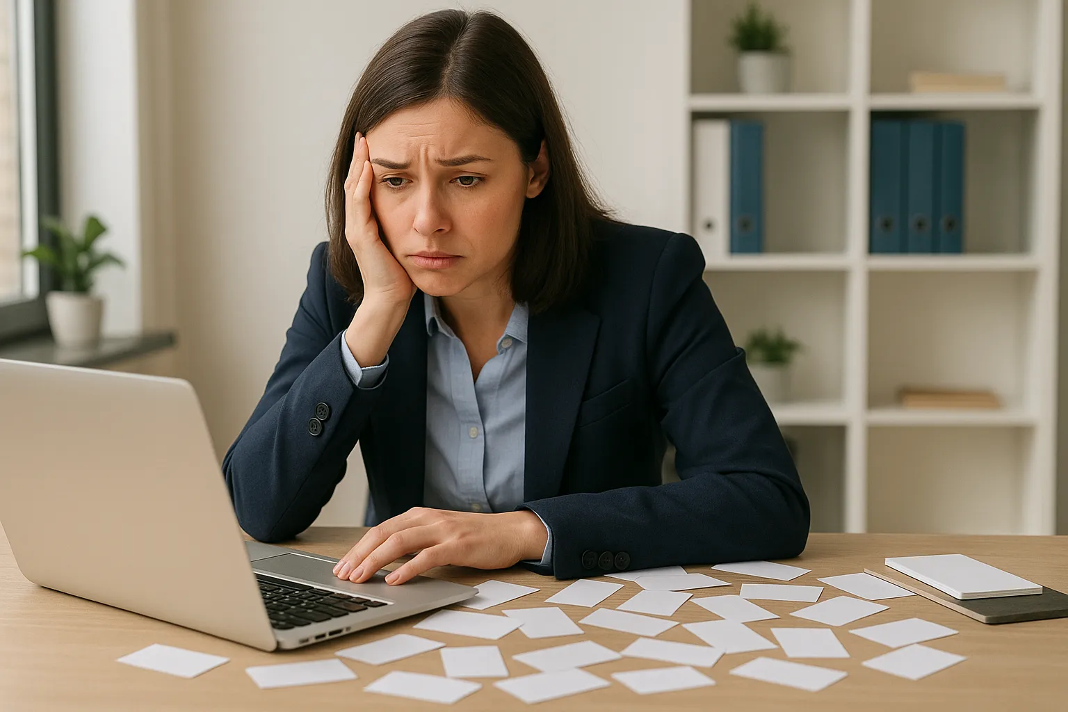 Frau am Laptop stützt den Kopf in die Hand, vor ihr liegen viele einzelne Zettel verstreut auf dem Schreibtisch.