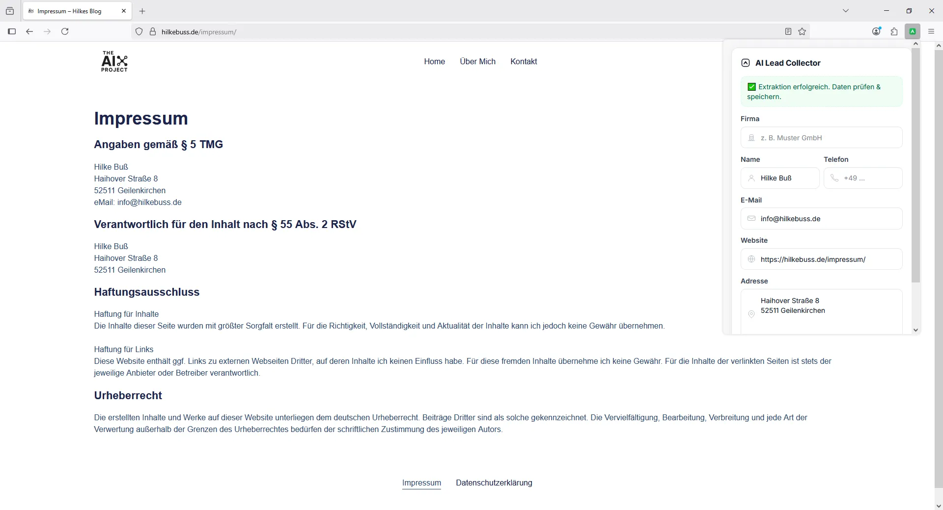Erweiterung nach erfolgreicher Extraktion mit ausgefüllten Feldern für Name, E-Mail, Website und Adresse