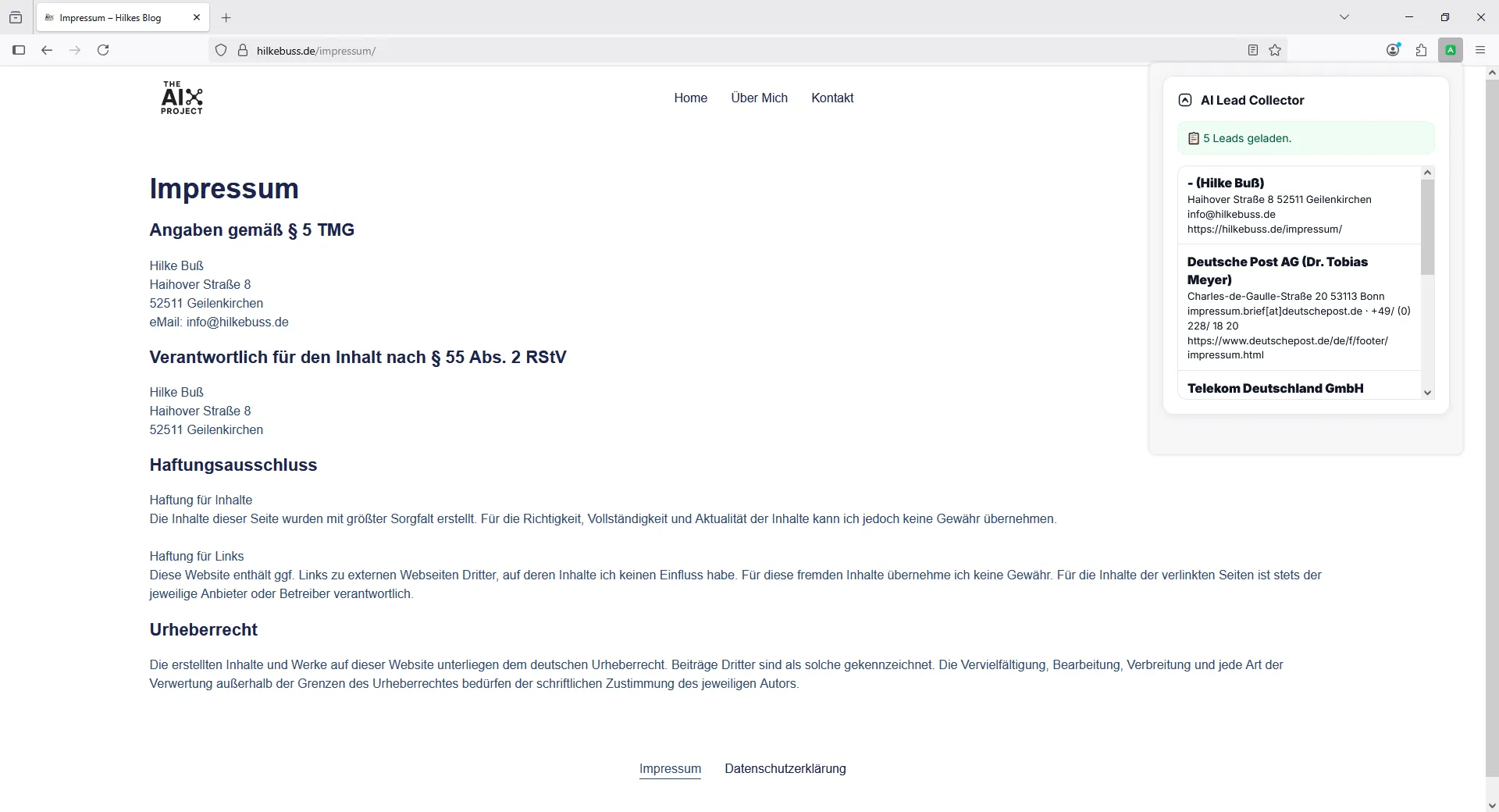 Lead-Liste der Erweiterung mit fünf geladenen Einträgen, darunter Hilke Buß, Deutsche Post und Telekom