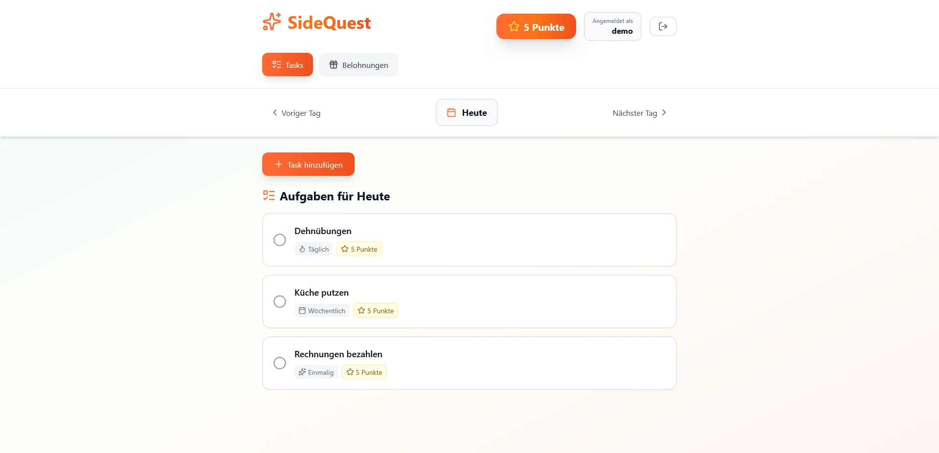 SideQuest-Aufgabenansicht mit fünf Punkten und drei offenen Aufgaben für den heutigen Tag