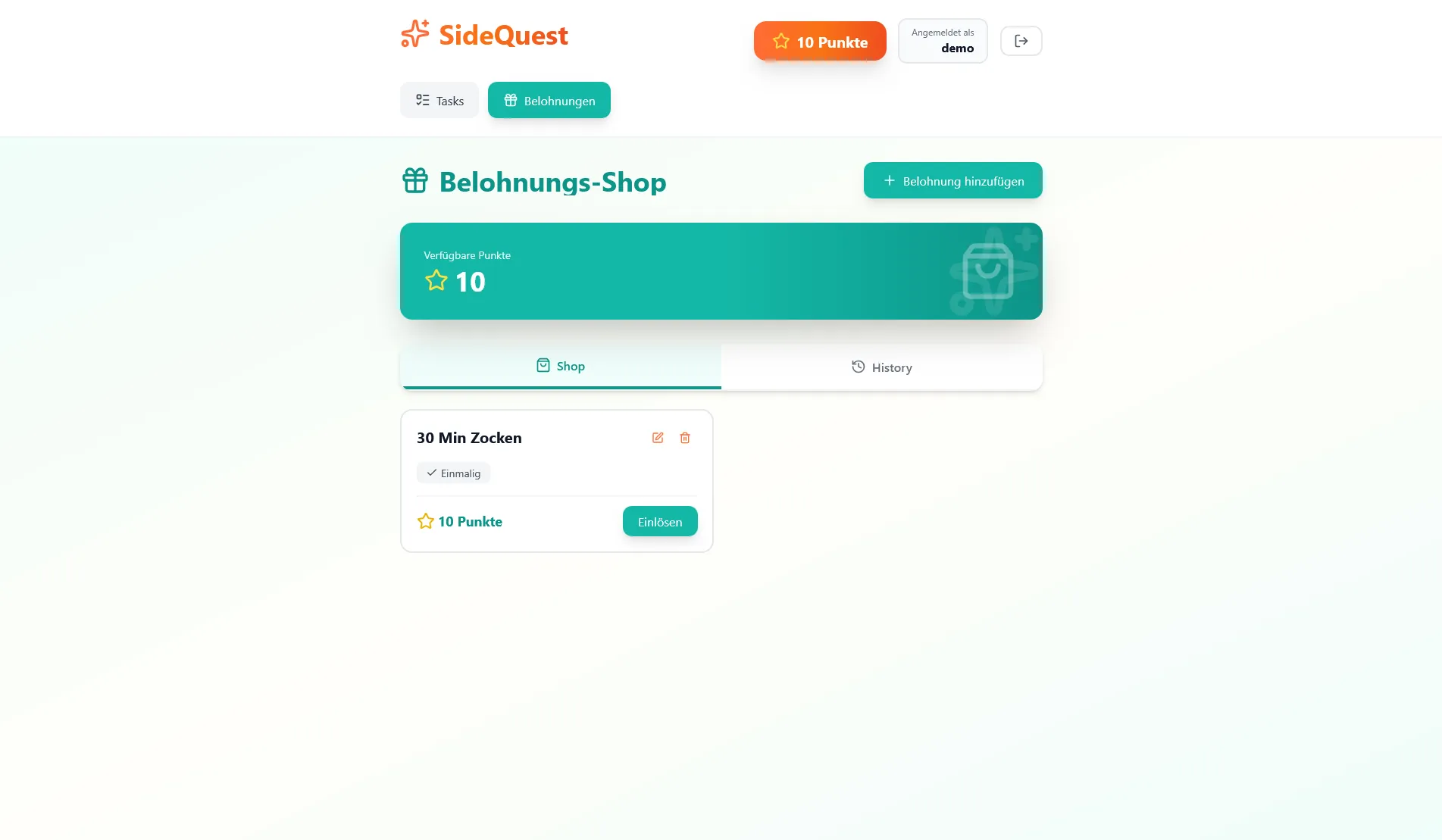 Belohnungs-Shop von SideQuest mit zehn verfügbaren Punkten und der Belohnung 30 Min Zocken