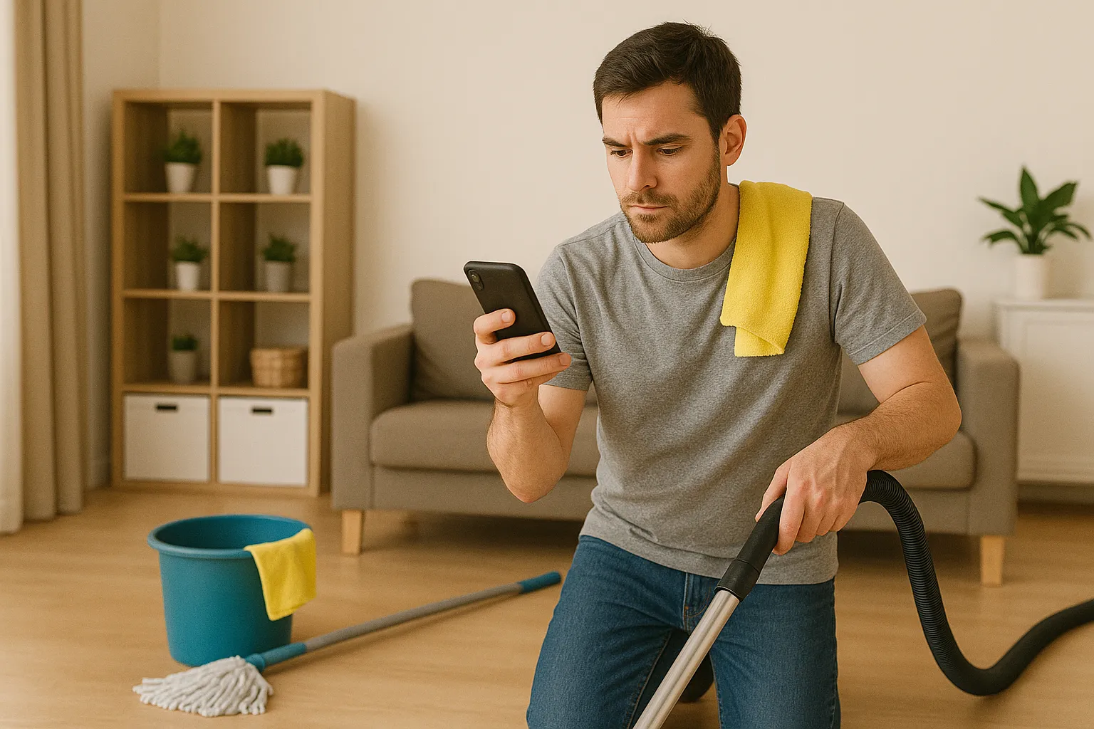 Mann mit Staubsaugerschlauch in der einen und Handy in der anderen Hand steht im Wohnzimmer, daneben liegen Wischmopp und Putzeimer.