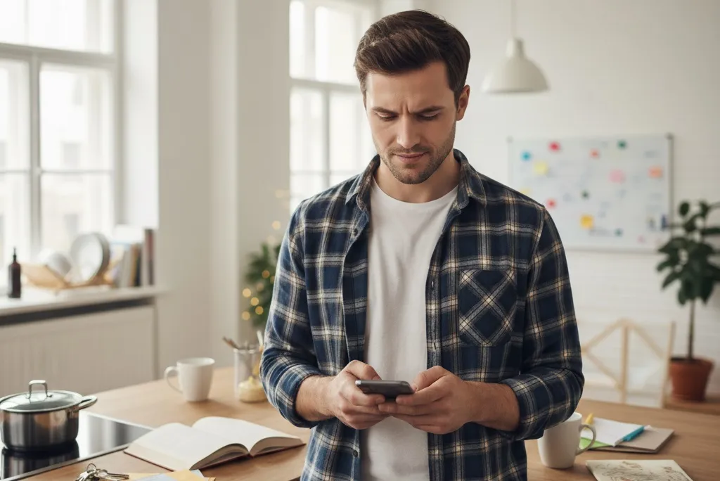 Mann im Karohemd steht in einer hellen Küche und schaut auf sein Handy, im Hintergrund ein Whiteboard mit bunten Haftnotizen.