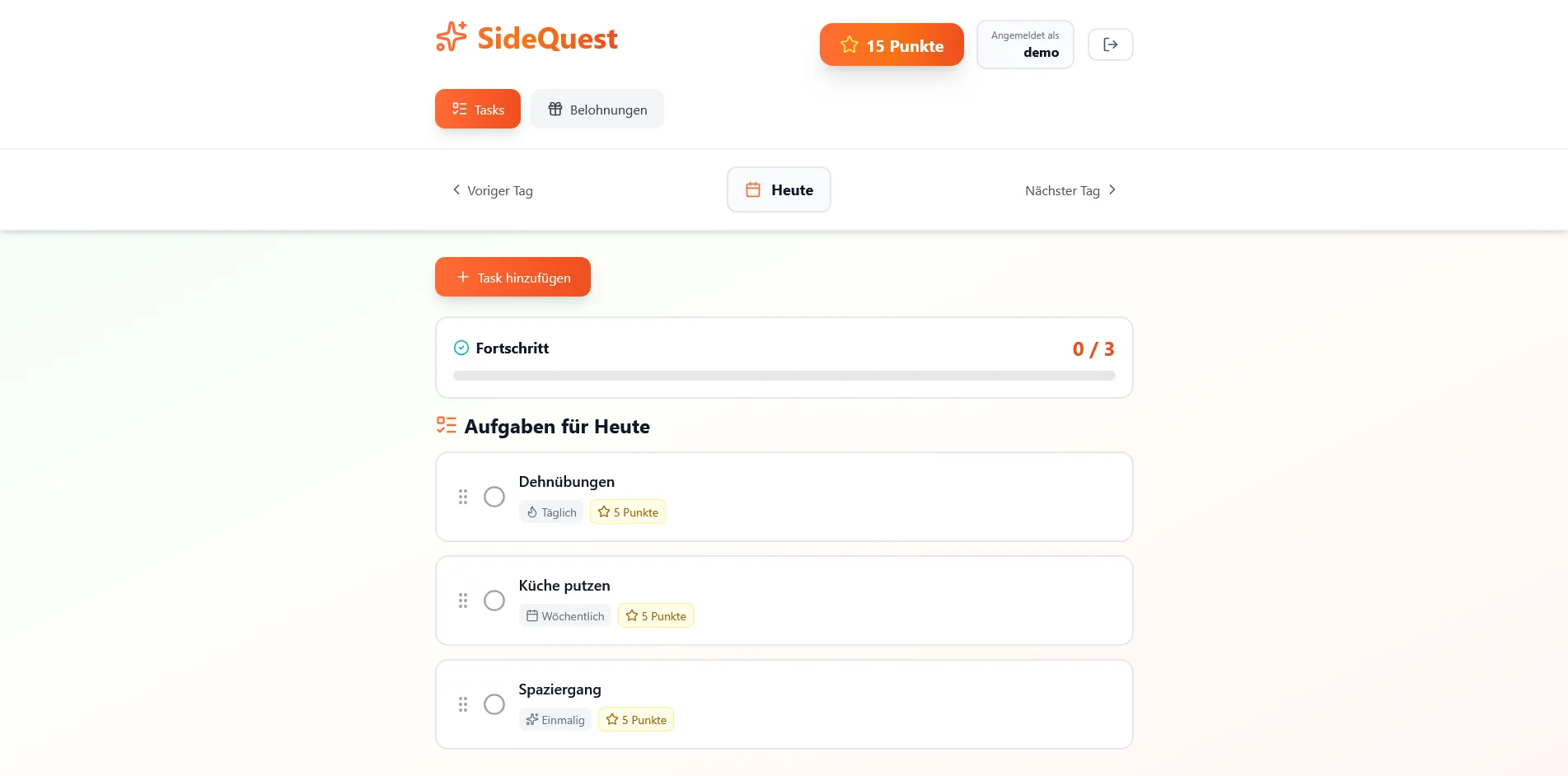 SideQuest-Aufgabenansicht mit Fortschrittsbalken und drei per Griff sortierbaren Aufgaben