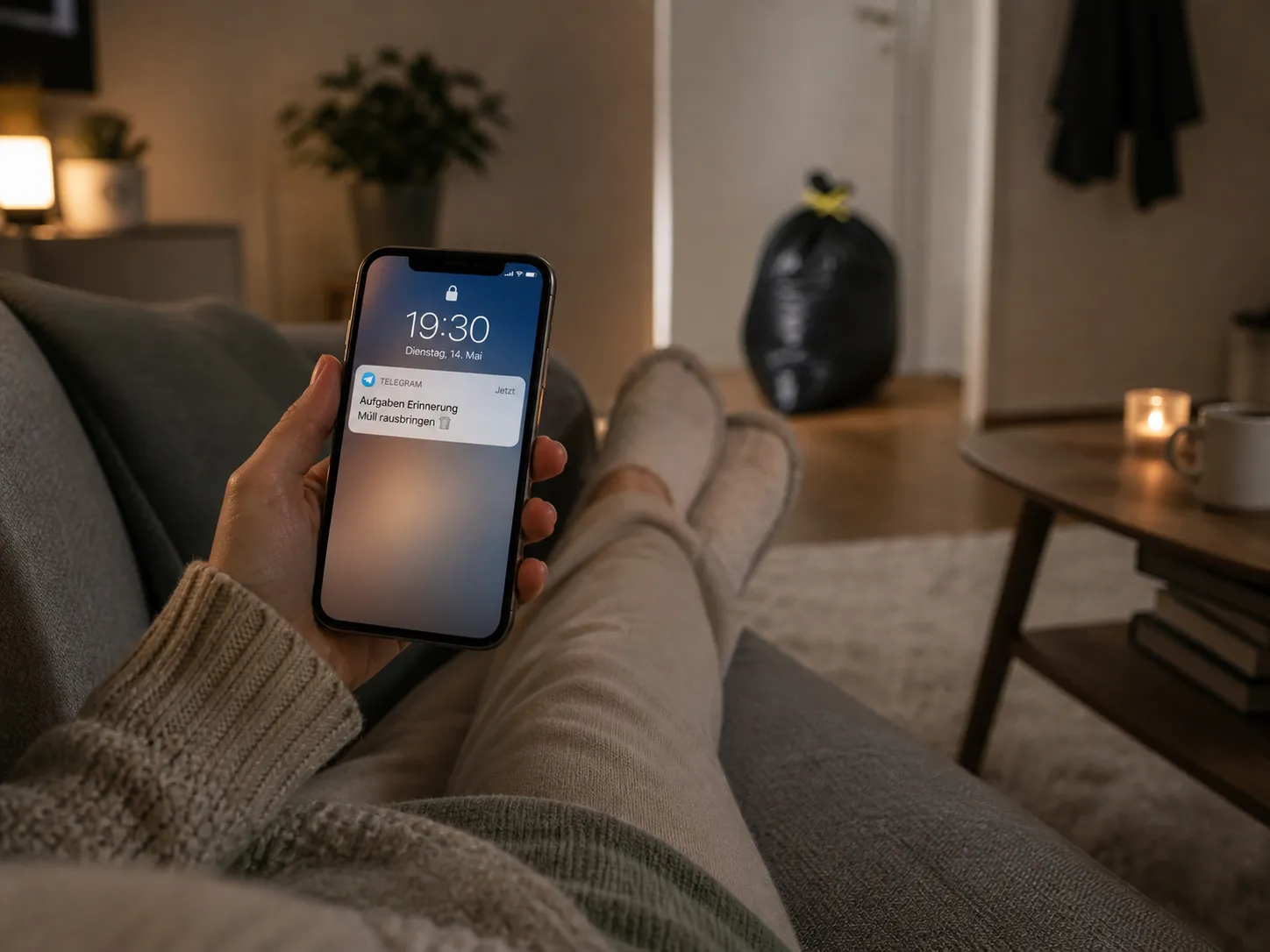 Blick über die Beine einer Person auf dem Sofa, in der Hand ein Handy mit einer Telegram-Erinnerung um 19:30 Uhr mit dem Text Aufgaben Erinnerung, Müll rausbringen. Im Flur steht ein Müllsack.