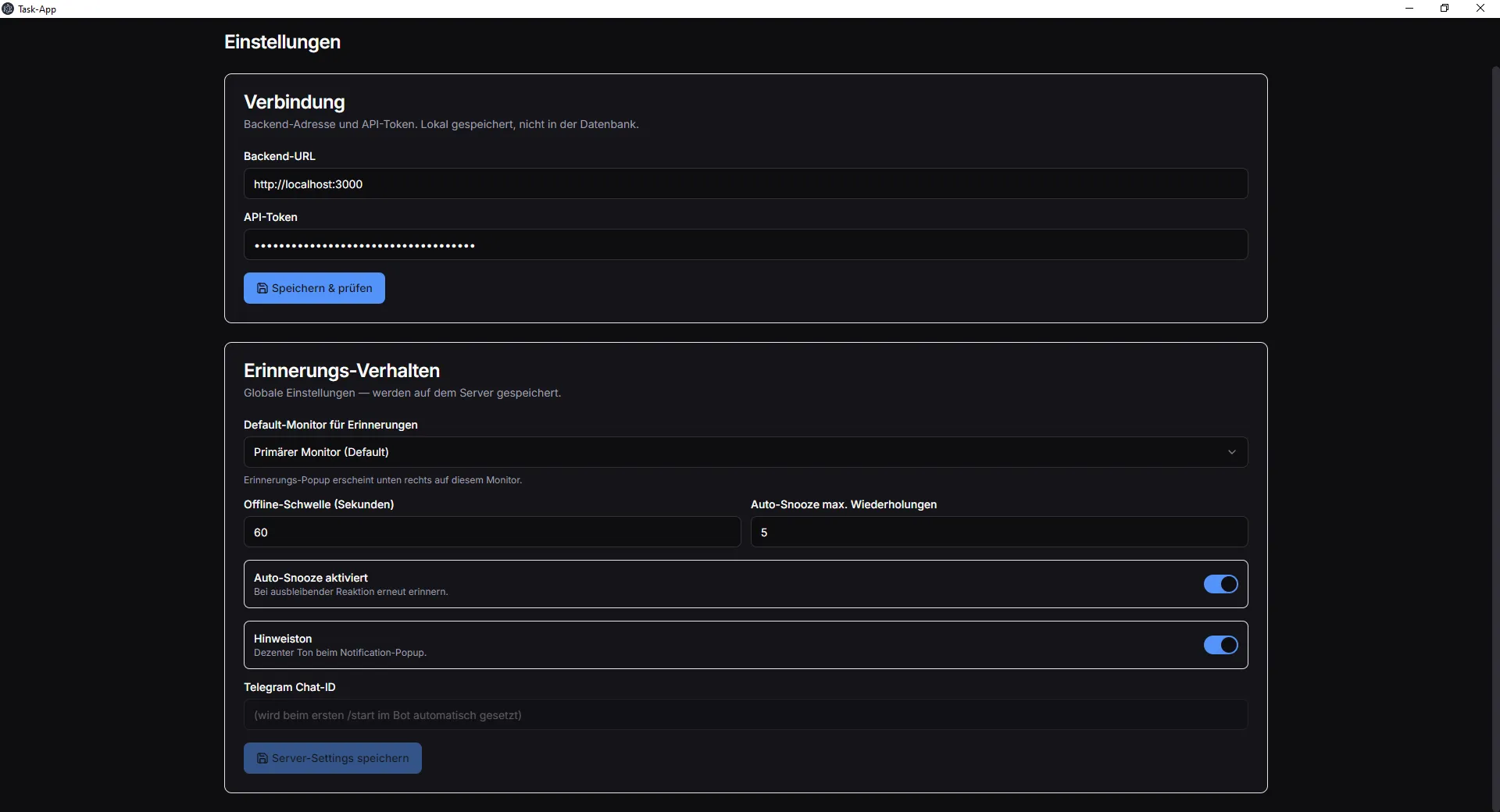 Einstellungen der Task-App für Backend-Verbindung, Erinnerungsmonitor, Offline-Schwelle, Auto-Snooze und Hinweiston