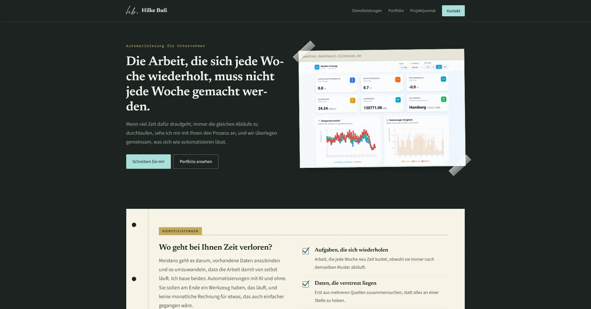 Der Auftakt der neuen Startseite auf dunklem Grund: die Überschrift „Die Arbeit, die sich jede Woche wiederholt, muss nicht jede Woche gemacht werden.“, daneben ein Bildschirmfoto eines Dashboards, das wie mit Klebestreifen aufgehängt wirkt. Darunter beginnt eine cremefarbene Seite mit dem Abschnitt „Wo geht bei Ihnen Zeit verloren?“.