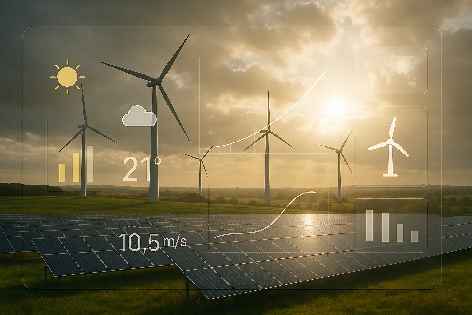 Windräder und Solarmodule im Abendlicht, darüber eingeblendete Dashboard-Elemente mit Sonnensymbol, 21 Grad, 10,5 Meter pro Sekunde und mehreren Diagrammen.