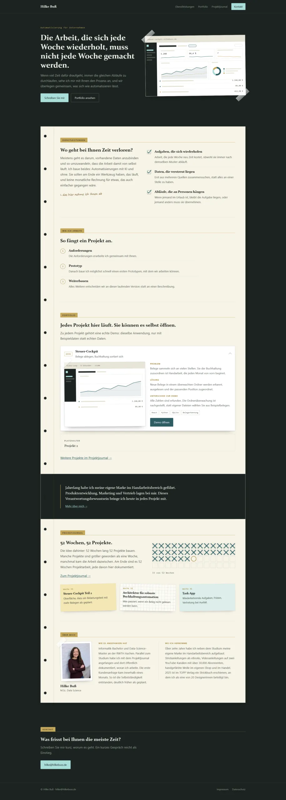Gesamtansicht der neu gestalteten Startseite mit Leistungen, Arbeitsablauf, Portfolio, Projektjournal, Porträt und Kontakt