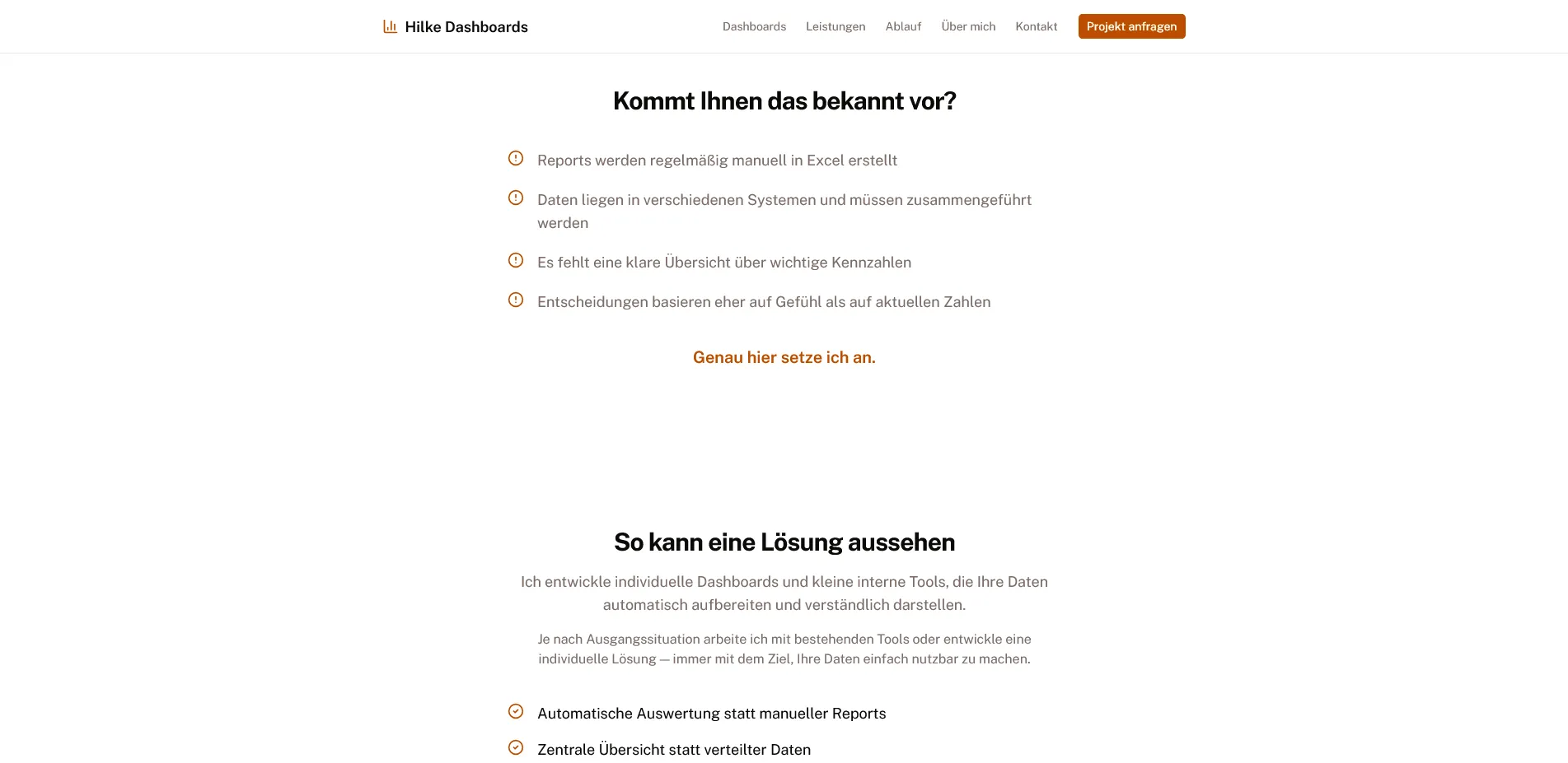 Websiteabschnitt mit typischen Problemen manueller Reports und einer Gegenüberstellung der angebotenen Lösung