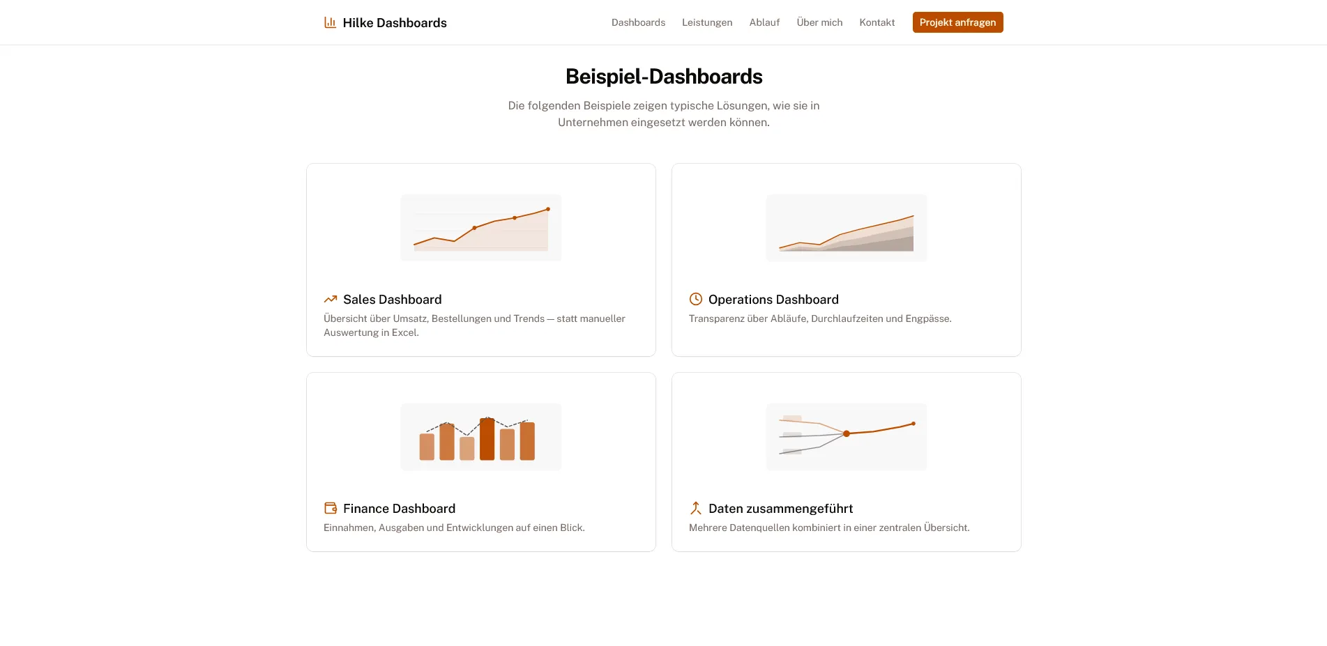Bereich Beispiel-Dashboards mit vier Karten für Sales, Operations, Finance und zusammengeführte Daten